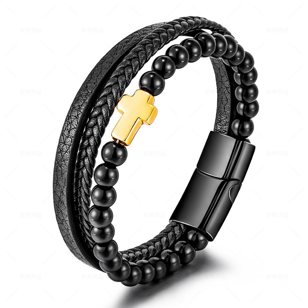 Stainless Steel Natural Tiger Eye Agate Cross Bracelet Men's Titanium Steel Multi-layer Woven Leather Bracelet