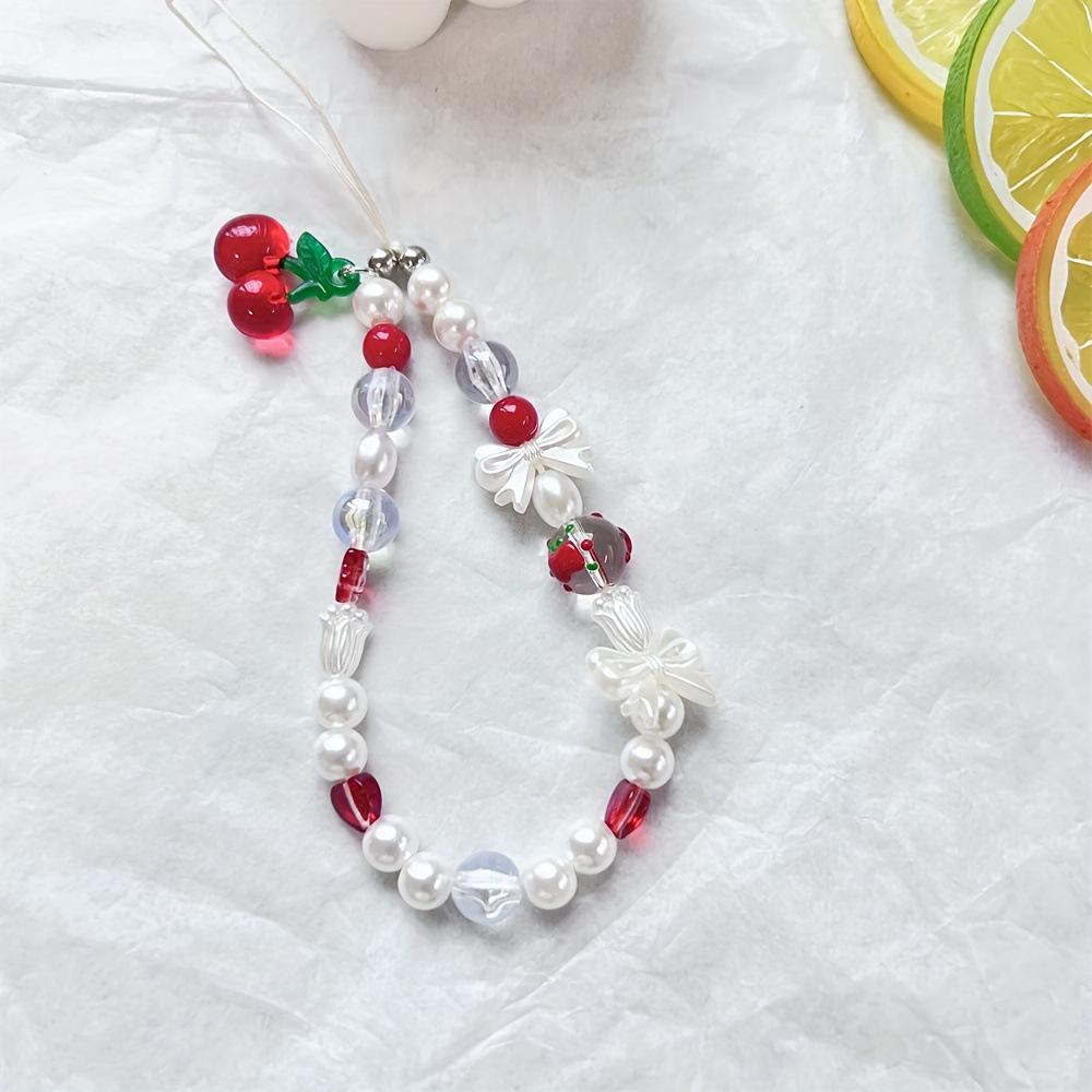 

1-piece set: Red cherry cream bow phone charm, retro short lanyard, versatile everyday accessory for girls, CCD camera & backpac Other