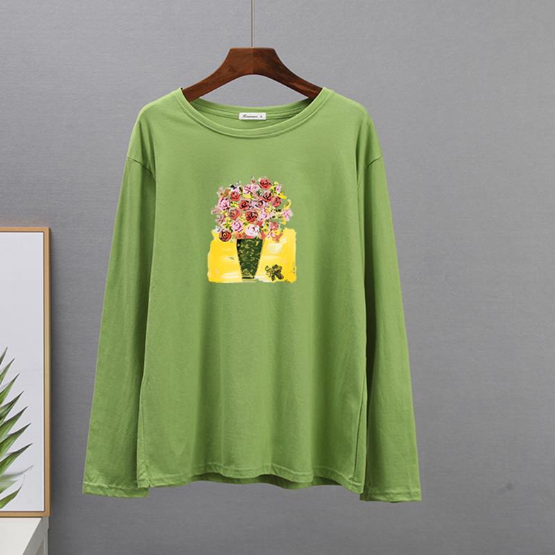 

Hirsionsan милая футболка с цветочным эстетичным принтом, женские свободные хлопковые мягкие футболки с круглым вырезом, женские простые базовые топы для отдыха с длинными рукавами L зелёный