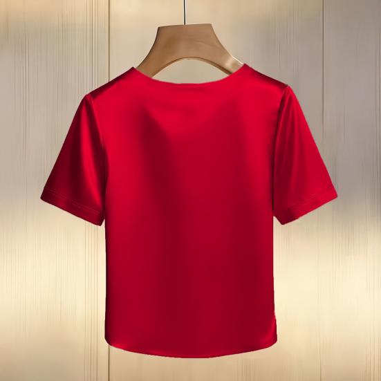 Damen T-Shirt Rundhals Satin Stoff T-Shirt mit Handgenähten Imitationsperlen Kurze Ärmel Lockerer Schnitt Lässige Oberteile