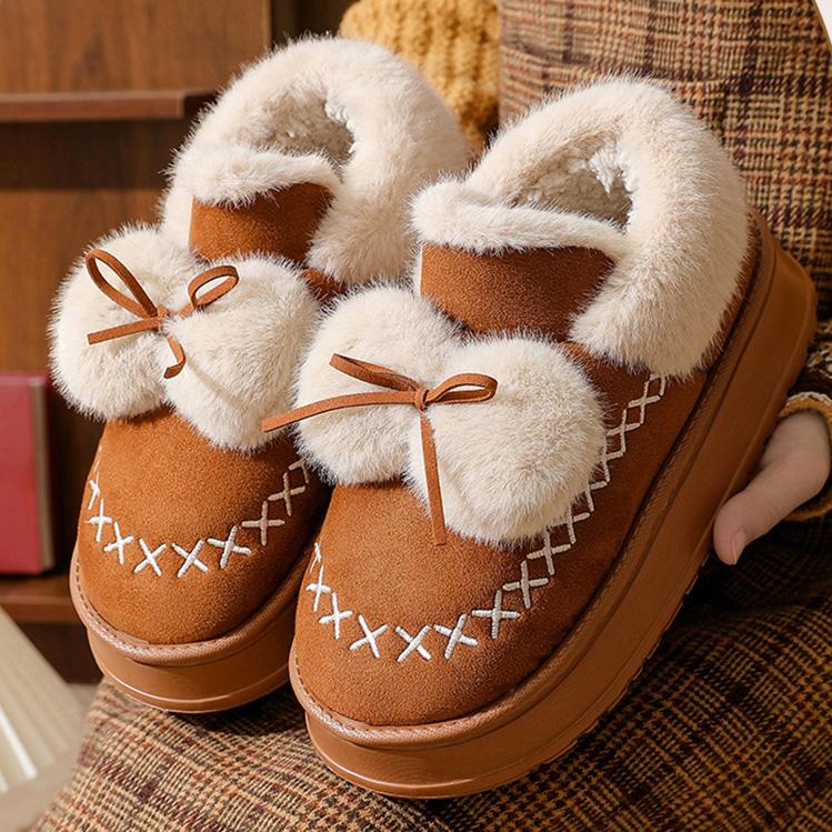 Women's Plus Size Snow Boots Short Tube Sponge Cake Thick Heel Bow Cotton Boot Waterproof Shoes 36-41