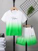 Directional Opening Hot Sales Model for Boys with Gradient Letter Print Green Short-Sleeved Shorts Without Pockets Suit Casual Sports Style