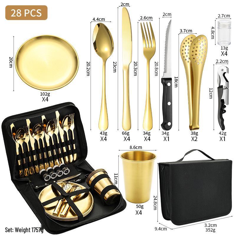 Stainless Steel Camping Cutlery Set: Knife, Fork, Spoon, Plate, Cup with Cloth Bag for Outdoor Use