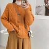 Autumn and Winter New Thickened Retro Twist Sweater Jacket Women's Fashion Horn Buckle Short Round Neck Knitted Cardigan Top
