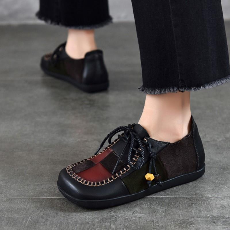 Johnature Genuine Leather Contrasting Color Flat Shoes Square Toe Stitched Lace Up Soft Soled Women's Shoes