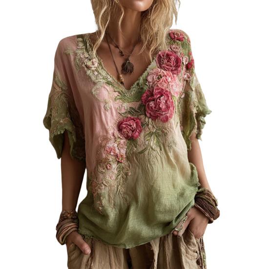 V-Neck Short Sleeve T-Shirt Imitation Flower Decor Pearl 3D Tee Tops Casual Date Vacation Beachwear