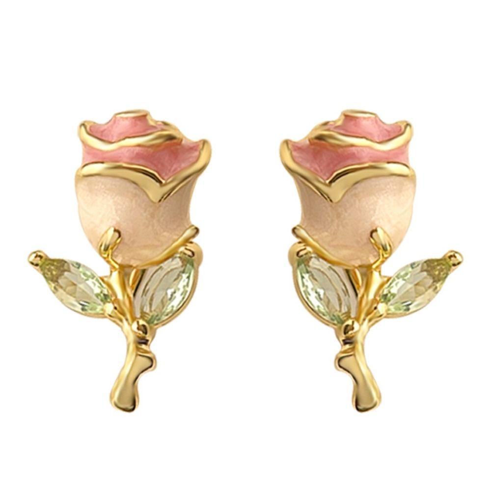Party Jewelry Pink Rose Studs Earrings 925 Sterling Silver Needle Zircon Small Earrings  for Women