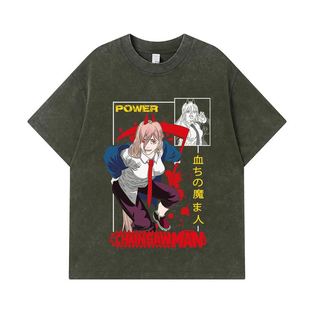 275 GSM Washed T-shirts 100% Cotton Chainsaw Man V40 Power Print Unisex Heavy Cotton T Shirt