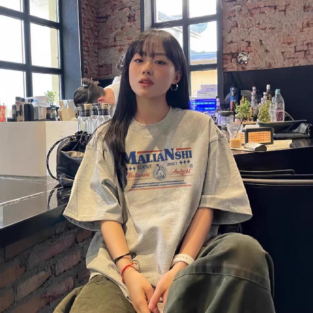 American gray trendy brand pure cotton short-sleeved t-shirt women's new summer loose large size fat mm half-sleeved top ins