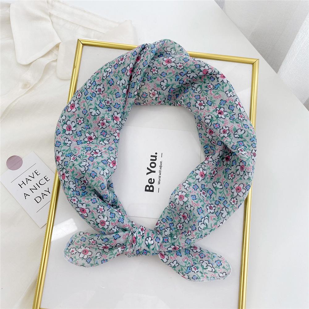 Floral Cotton Linen Silk Scarf: Women's Square Headband for Spring, Summer, Autumn - Korean Fresh Style