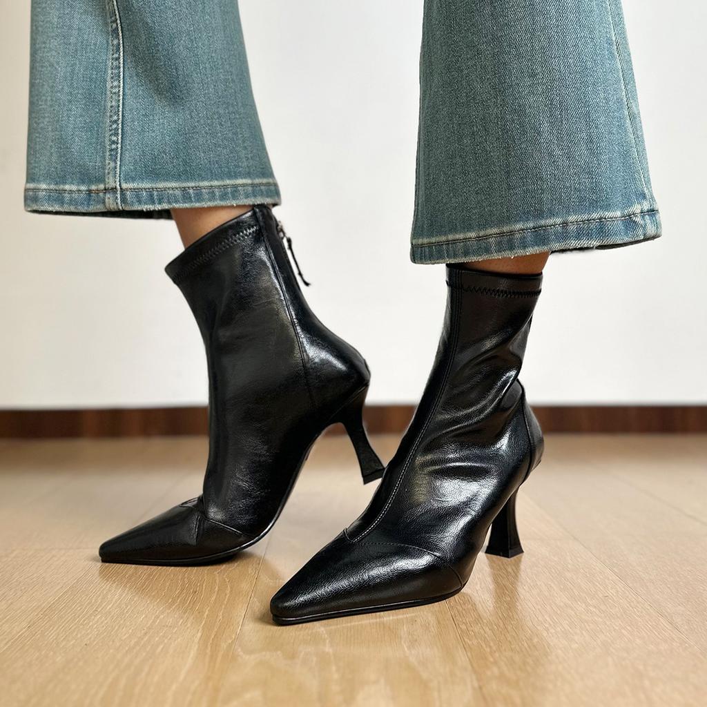 Rindsleder-Version~ Französische spitze elastische dünne Stiefel Damen 2025 dünner Absatz hoher Absatz kurze Stiefel Reißverschluss hinten Temperament einzelne Stiefel