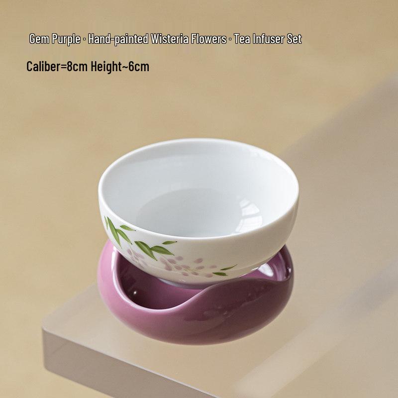 Guanlan Gem Purple Wisteria Ceramic Tea Infuser Set – Hand-Painted Integrated Strainer for Gongfu Tea.