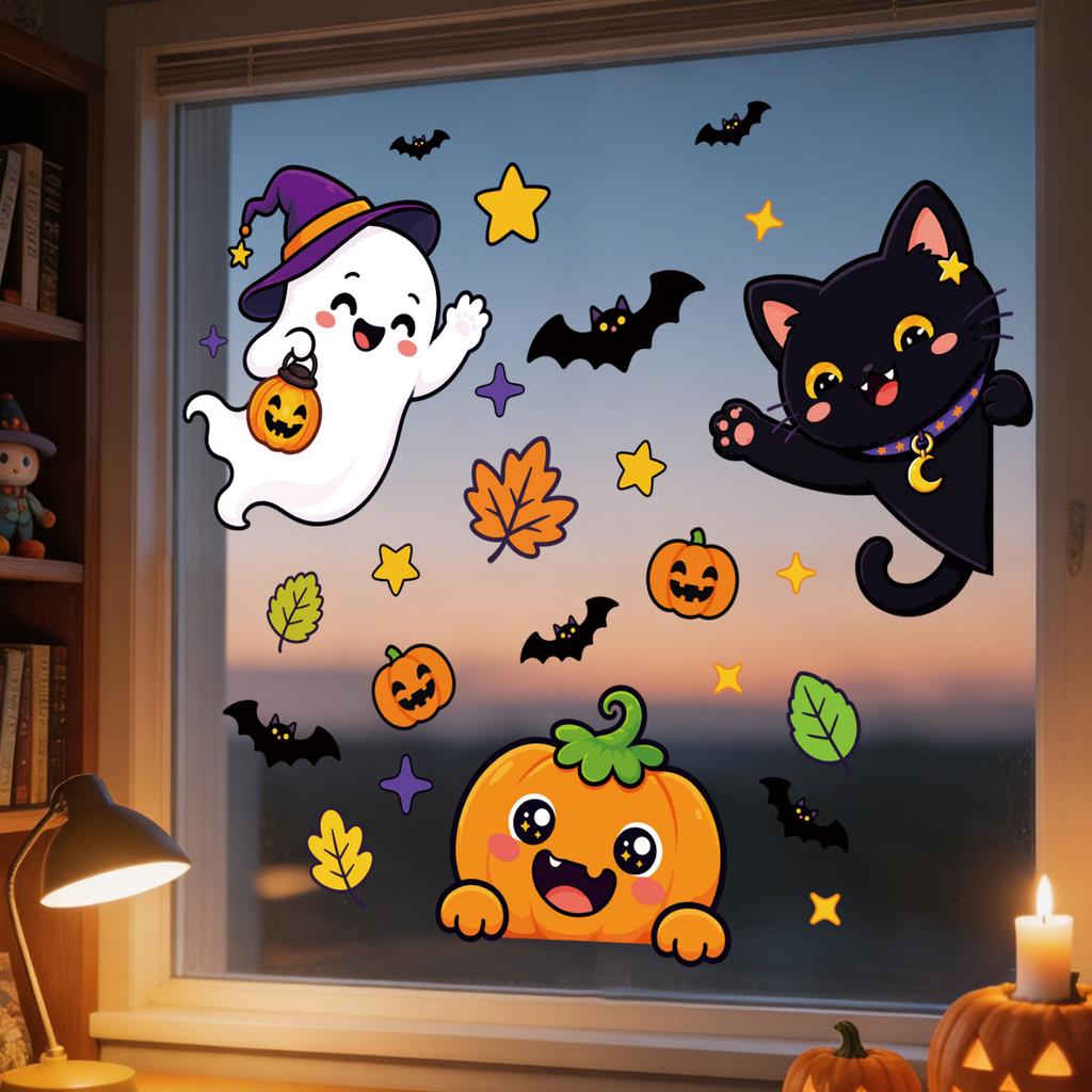 Schattige Halloween Raamstickers, Pompoenpatroon Statische Stickers voor Glaswand Raamdecoratie