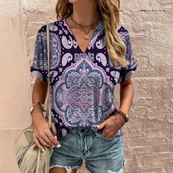 V-neck Bohemian Style 3D Printed T-shirt for Summer Round Neck Short Sleeved Casual Women's T-shirts
