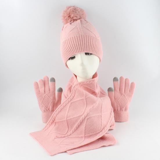3Pcs/Set Women Winter Hat Scarf Gloves Set Plush Ball Decor Rhombus Texture Knitting Hat