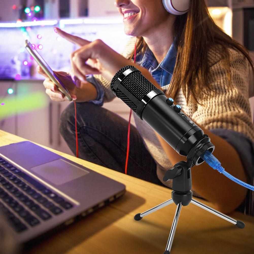 Kondensatormikrofon Stabiles USB-Tischstativ-Mikrofon Hohe Empfindlichkeit Einstellbarer Winkel für PCSchwarz