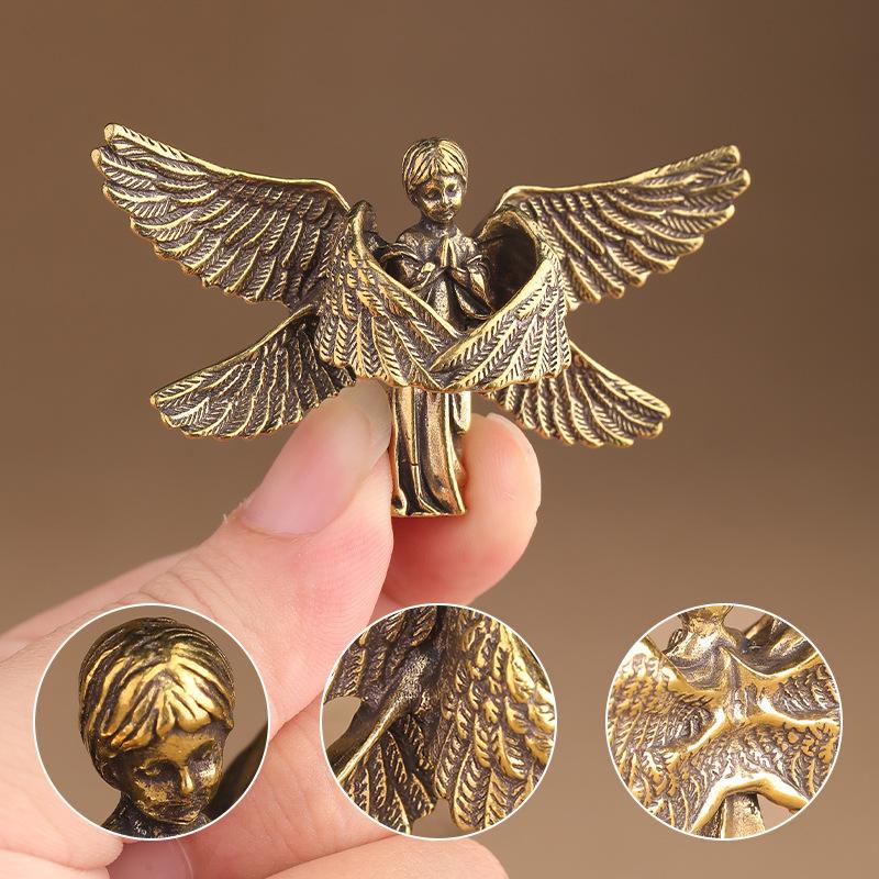 1Pc Six Winged Guardian Angel Statue Blessing Ornament Desktop Retro Copper Cupid Statue Brass Seraphim Figurine Home Decoration