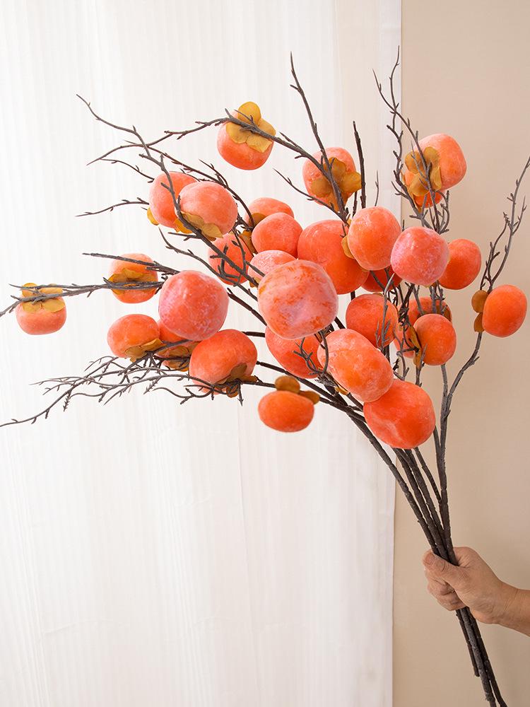 7-Head Persimmon Branch Ikebana Ornament: Artificial Ruyi Persimmon for Living Room or Dried Flower Display
