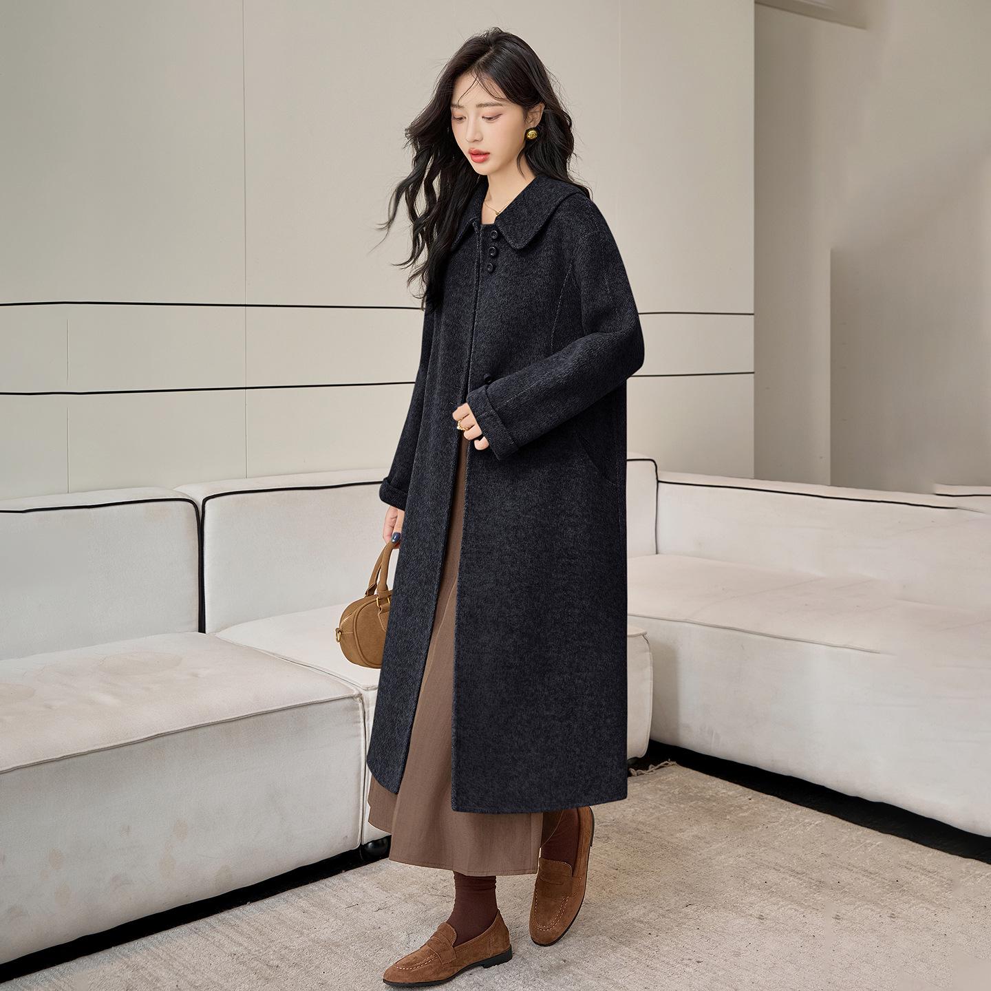 

2025 Осінньо-зимове корейське А-силуетне кашемірове вовняне пальто з ляльковим коміром - Вільне, Мода великих розмірів. Large