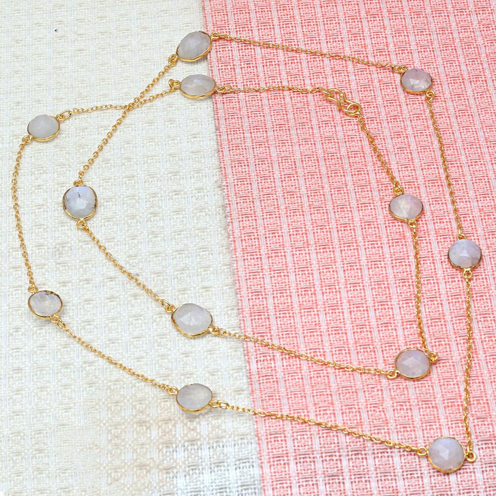 Necklace Moonstone Feceted Gemstone HandmadeAntique Silver Jewelry 34''