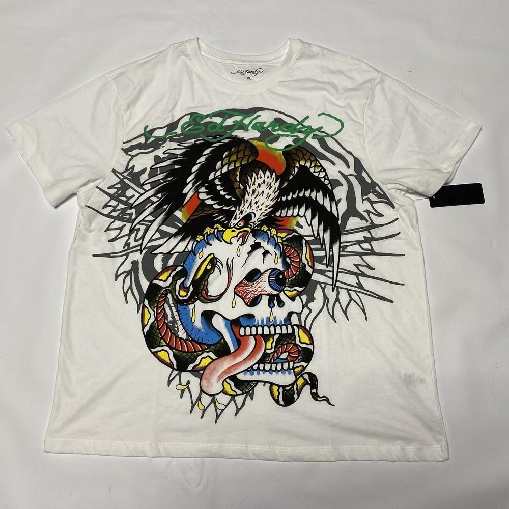 Белая футболка Ed Hardy с графическим принтом Логотип Татуировка Орел Череп Змея Мужской Размер XL Y2K Унисекс Футболка XXXL