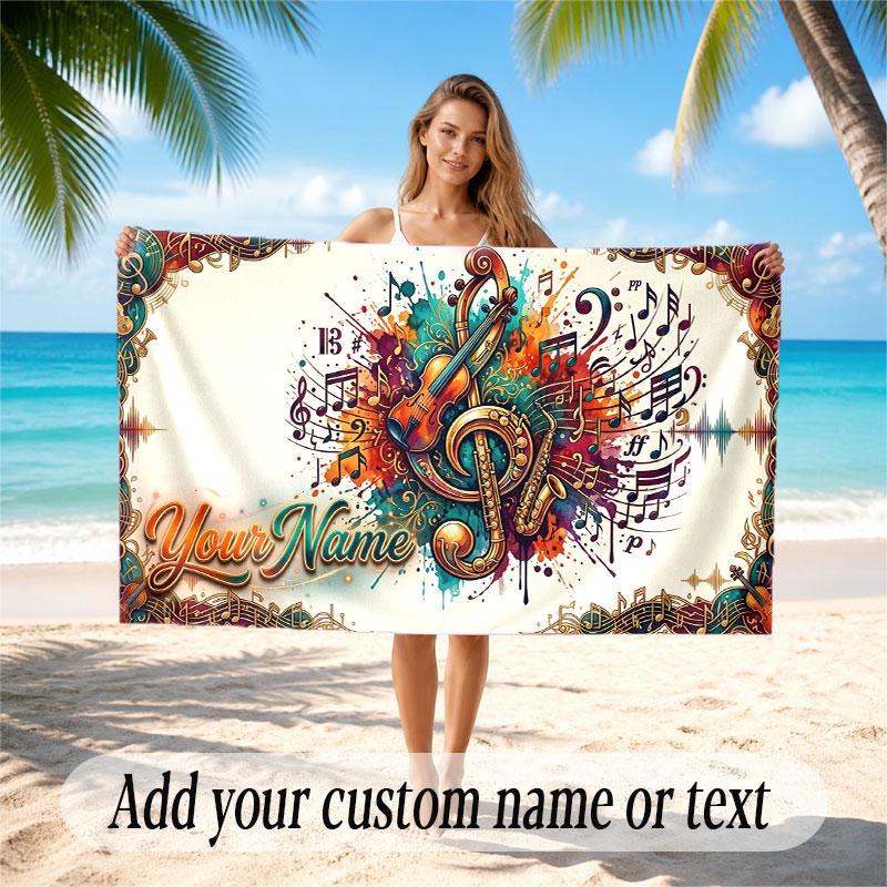 Music General Theme Beach Towel Personalized Custom Name & Text Soft Quick Dry Beach Towel for Swimming Travel