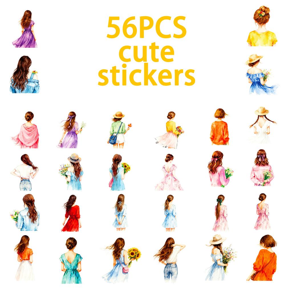 56 Watercolor Wind Girl Back Stickers Fresh Wear Bouquet Elements Hand Account Diary Gentle Decorative Stickers