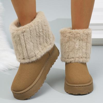 Nouveaux bottes de neige courtes duveteuses à rabat à tête ronde grande taille pour femmes, chaudes à semelle épaisse et doublées, chaussures en coton épaissi
