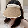 Summer Empty Top Suncap Wide Brim Pearls Women Sun Hat Leisure Straw Cap UV Protection Sun Visor Hat Beach Cap Khaki Black White