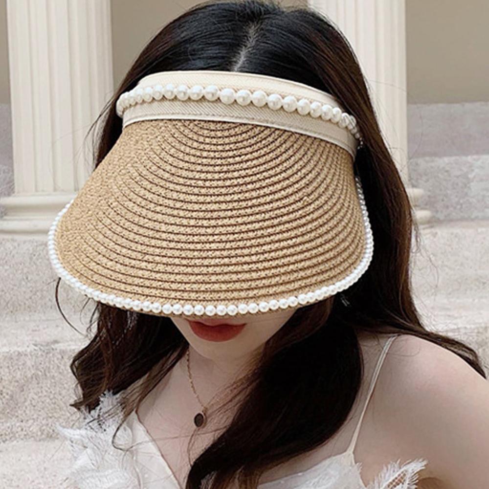 Summer Empty Top Suncap Wide Brim Pearls Women Sun Hat Leisure Straw Cap UV Protection Sun Visor Hat Beach Cap Khaki Black White