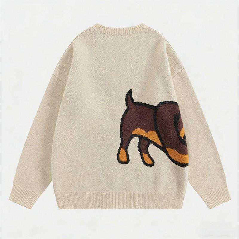 Knitted Sweater With Cartoon Dog Jacquard Unisex Loose Fit Crew Neck Pullover Fall 2027