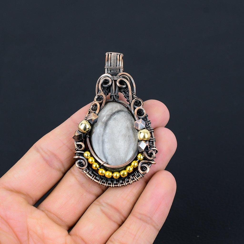Silver Sheen Obsidian Pendant, 999 Copper Wire Wrapped Pendant Handmade Gemstone Jewelry, Gifts For Wife Brand New Pendant