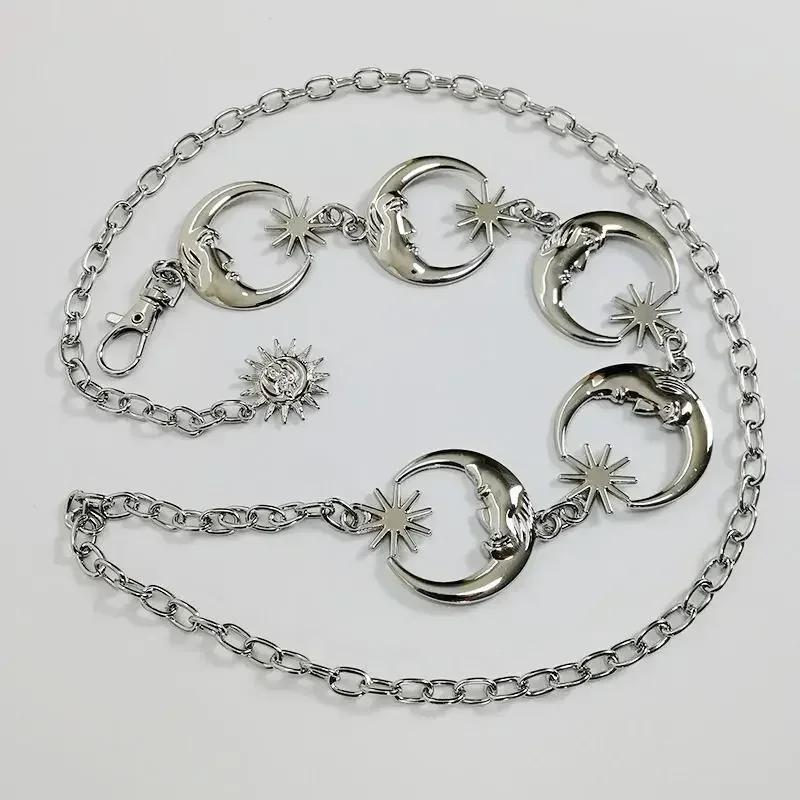 Womens Korean Fashion Belt Hip High Waist Gold Silver Narrow Metal Chain Gothic Moon Silver Pendant Vintage High Waist Chains