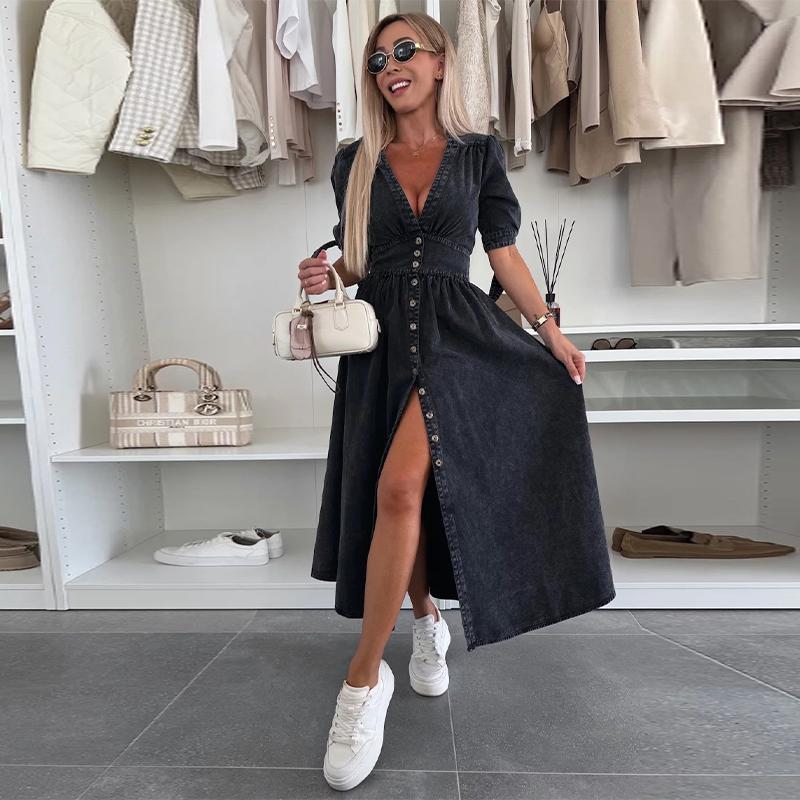 

Модное сексуальное джинсовое платье с V-образным вырезом, женское однобортное платье А-силуэта с короткими рукавами, однотонные минималистичные платья для поездок на работу, весна и лето, новинка S чёрный