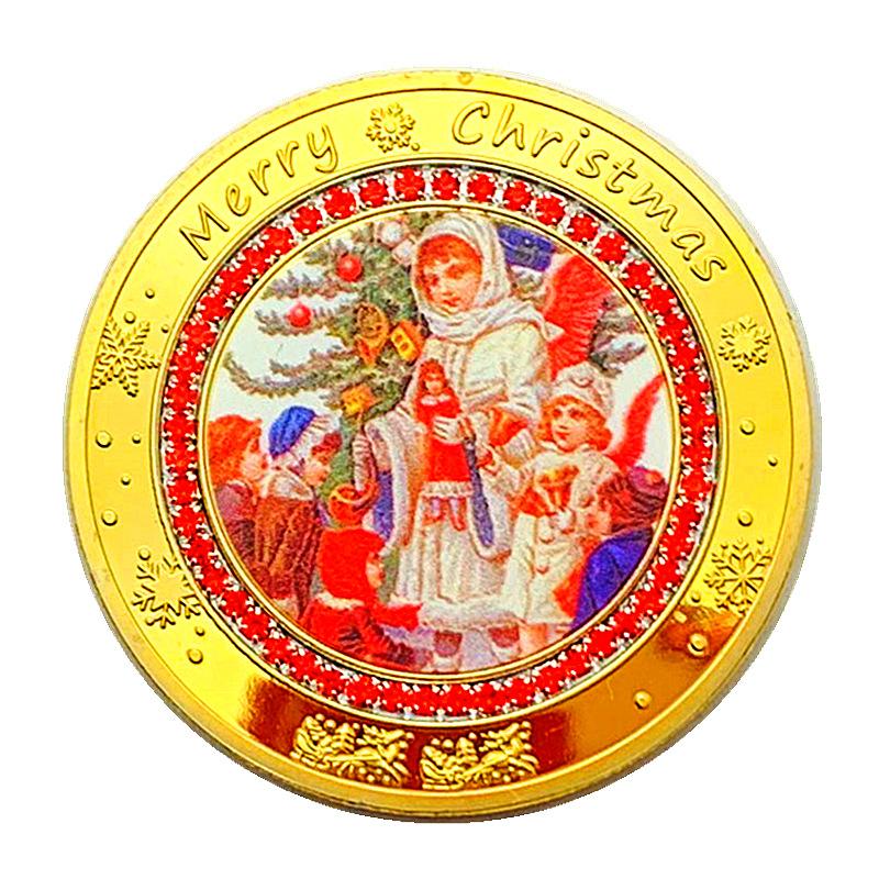 Diamond studded Christmas snowman color printed gold-plated commemorative medal, creative gift, night light, Santa Claus gold coins, coins