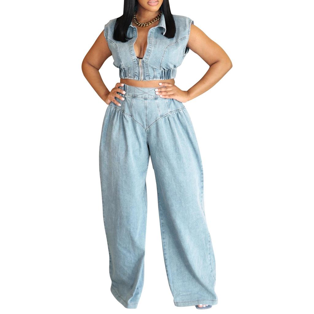 European and American Women's Sleeveless Denim Jeans Two-Piece Suit - Sexy, Loose, Straight Leg Summer Outfit