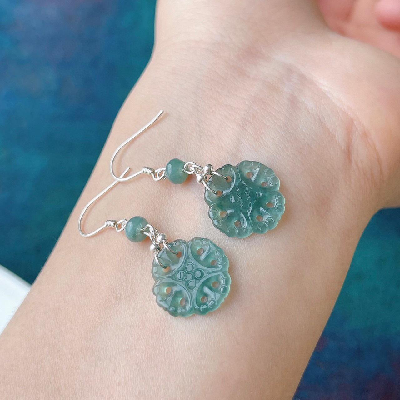 A-Grade Vintage Blue Jade Hollow-Out Dangle Earrings with 925 Sterling Silver Wires