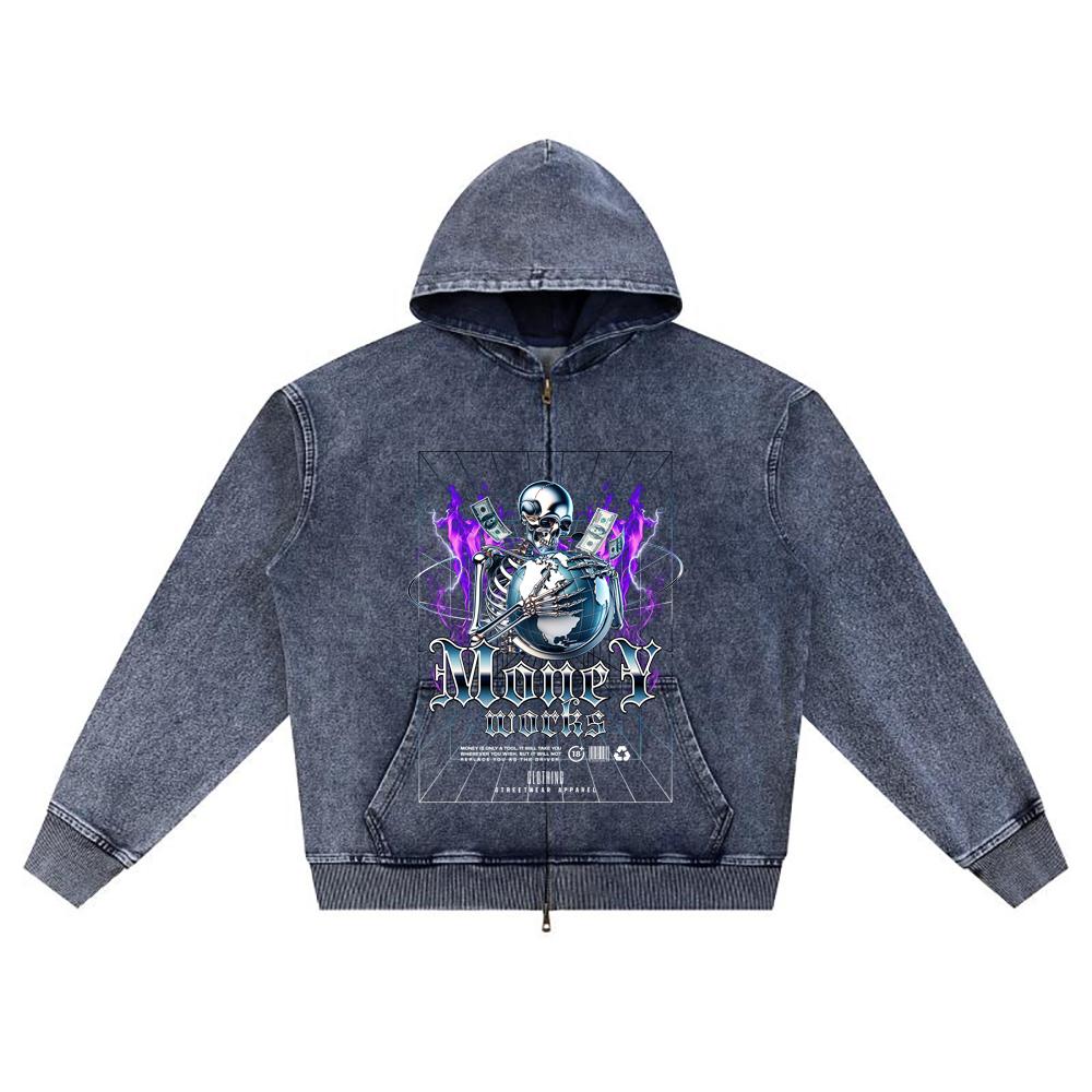 

DTG print Knitted Denim Zip-Up Hoodie Money Works Chrome Brother Print Zipper Hoodies XL темно-синий