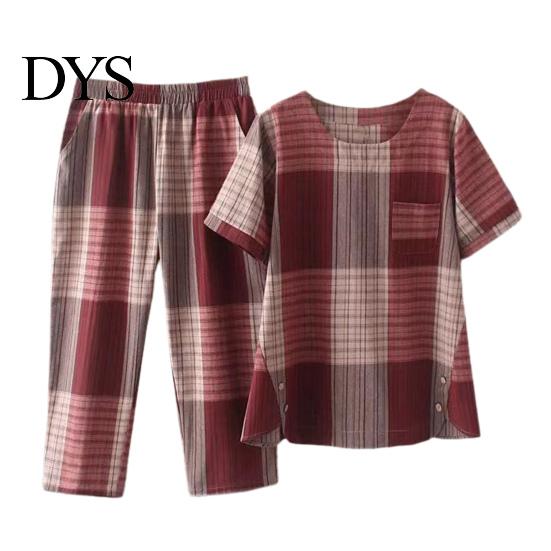 Short Sleeve Top Set 2 Pcs/Set Women T-shirt Pants Plus Size Homewear Outfit Color Matching Plaid Print Casual Two-piece Round Neck Wide Leg
