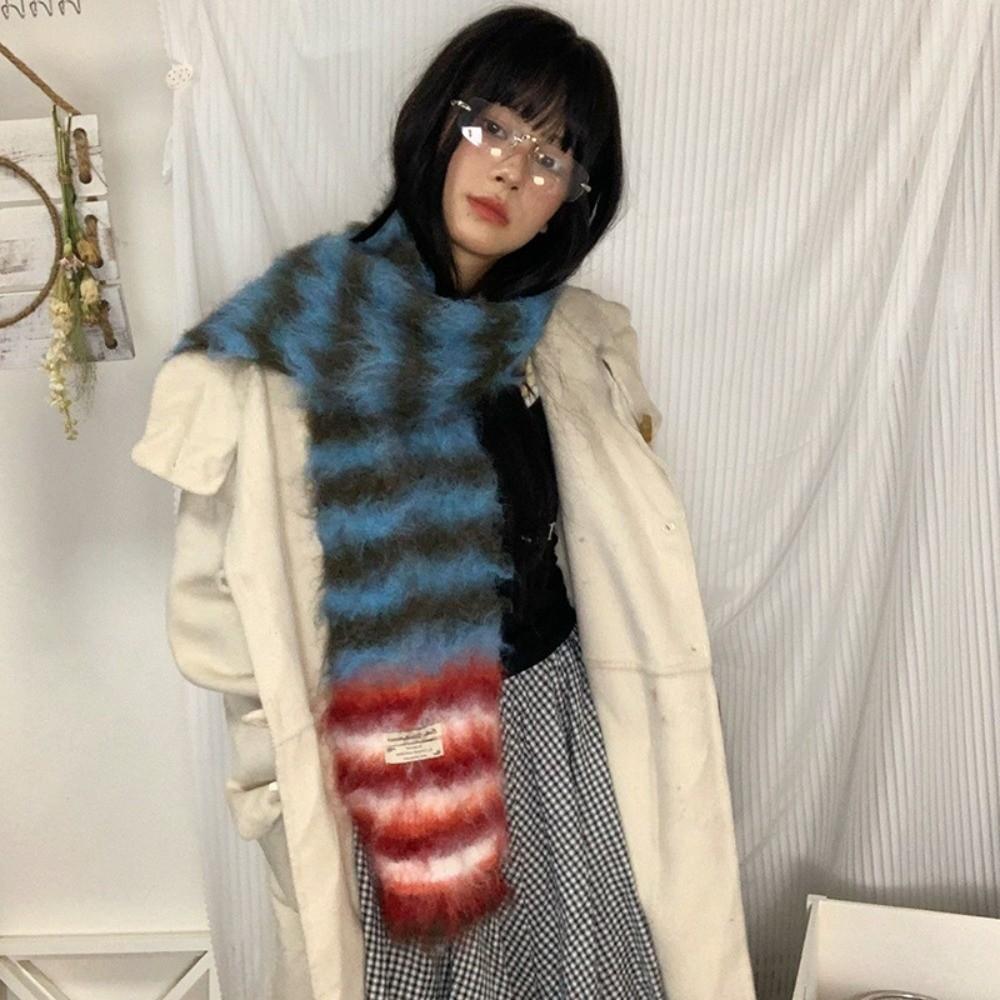 New Striped Winter Cashmere Scarf Soft Warm Woolen Scarves Mohair Rainbow Color Thickened Shawl Wrap Women