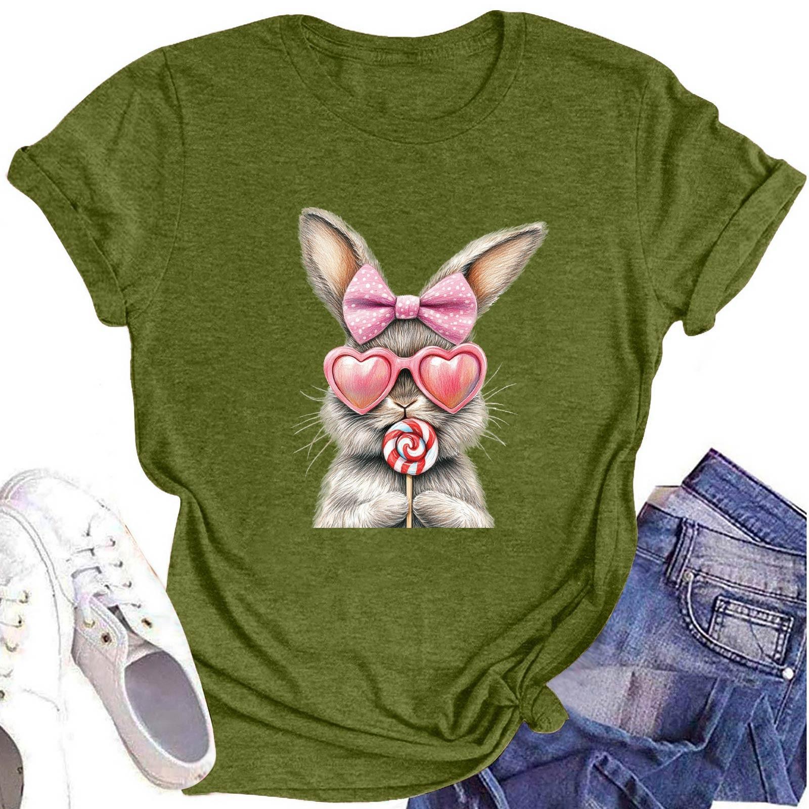 

Женская модная футболка с круглым вырезом и коротким рукавом, повседневный топ с пасхальным принтом L армия зеленый