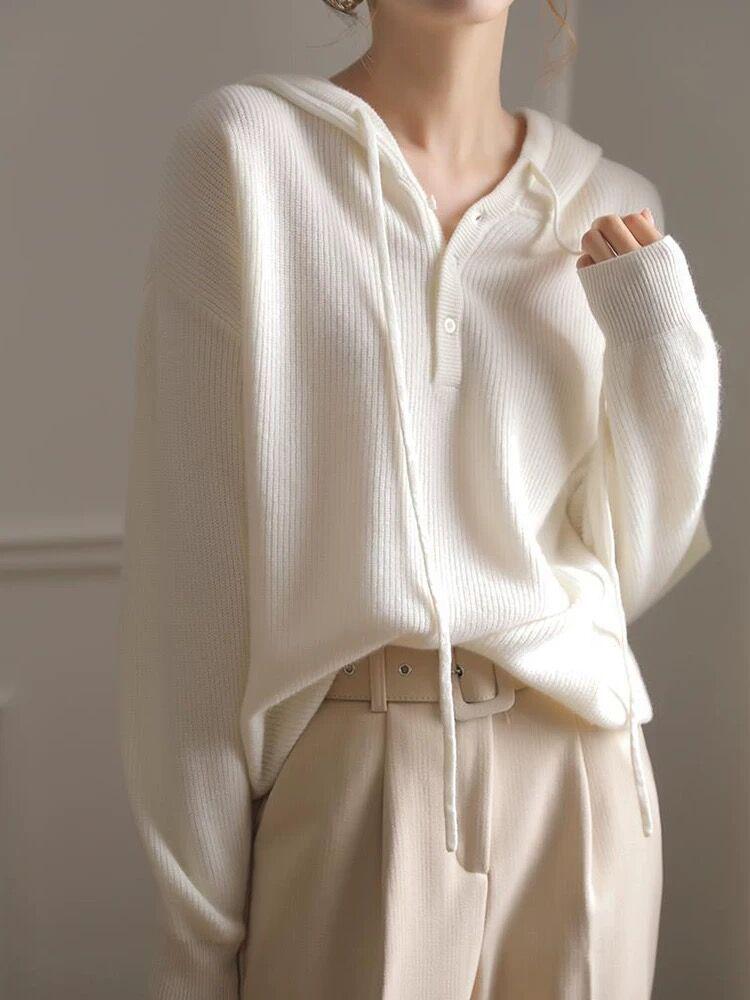 Women's Solid Wool Knit Hooded Sweater - Autumn/Winter Loose Slimming Pullover