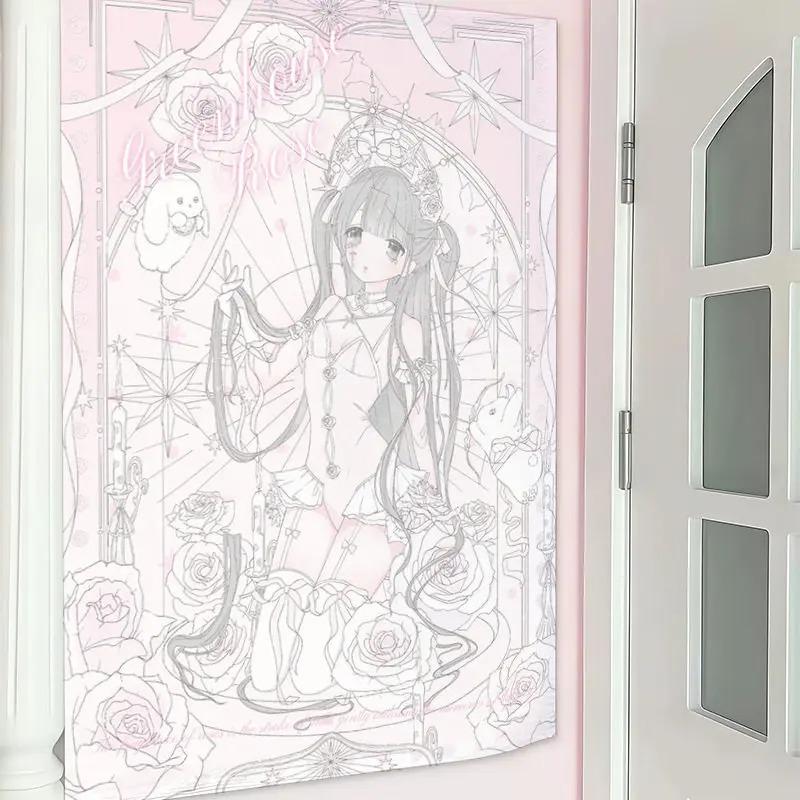 Kawaii Piano  Melody Maid Anime Tapestry Cute Lolita Girls Print Wall Hanging for Teen Girl Bedroom Dorm Door Decor