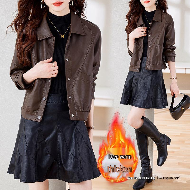 2025 Herbst/Winter Damen Trendige Kurze Schafslederjacke