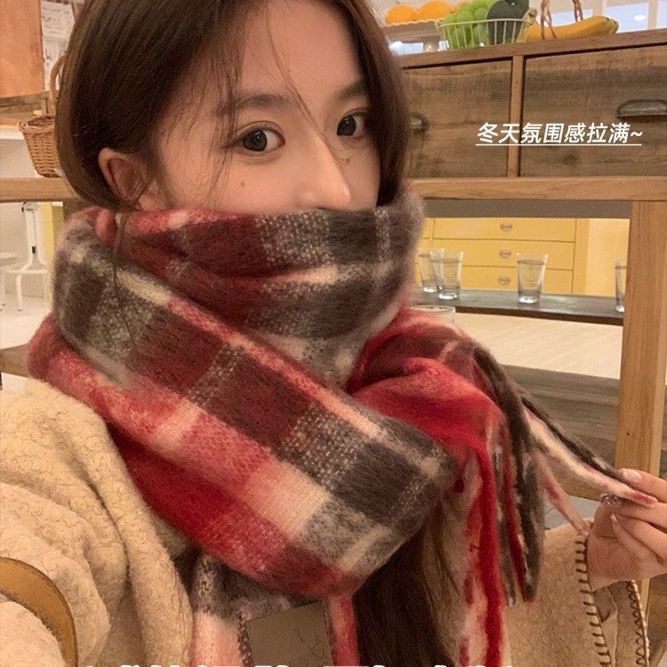 Red scarf women's winter atmosphere knitted scarf plaid couple warm thickened shawl scarf neck protection