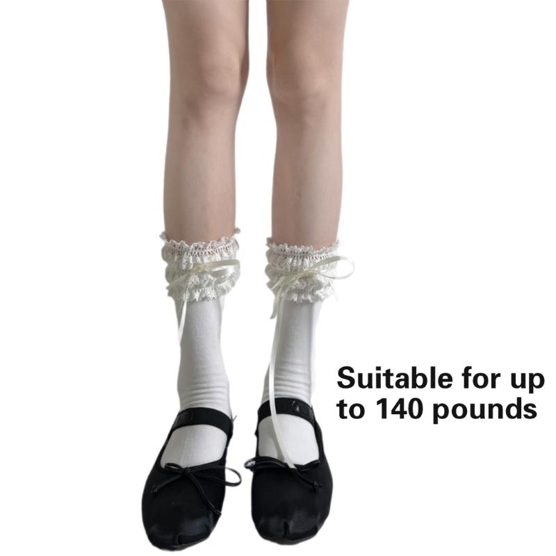 Fashionable Over The Knee Socks with Cute Ribbon Bowknot Stretchy Lace Trimmed Thigh High Long Stockings for Women