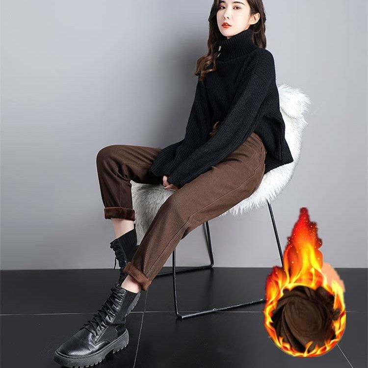 Women's Fleece-Lined Jeans High-Waist Slim Plus Velvet Harem Jeans Autumn and Winter Stretch Skinny Jeans