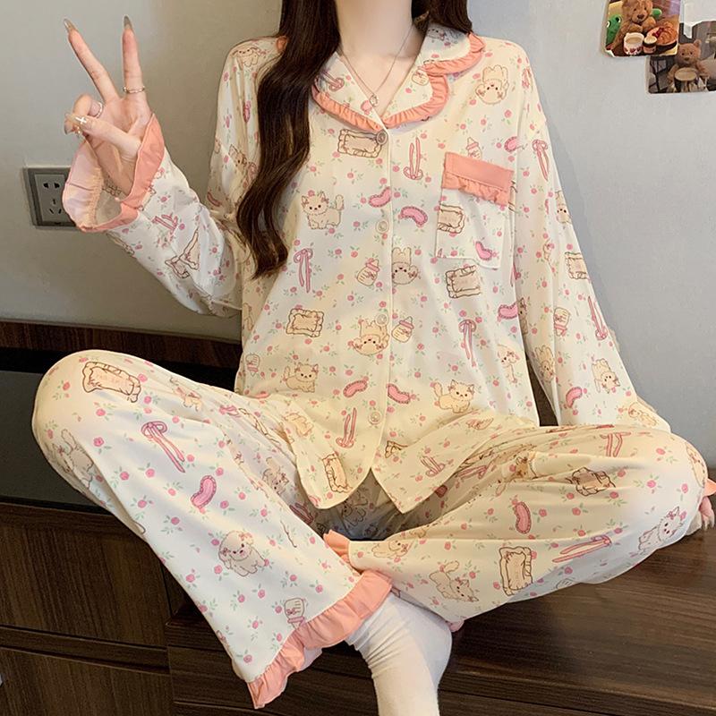 Prinzessinnenstil süße Rüschenkante Pyjama Damen Herbst Strickjacke Langarm niedlich niedlich Haustier Loungewear Imitationsbaumwolle Anzug