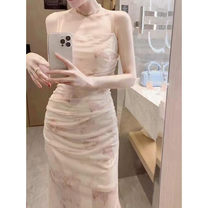 

Suspender dress printed pleated mesh outer wear inner slim and thin temperament fairy pure desire style design long dress 2XL рожевий
