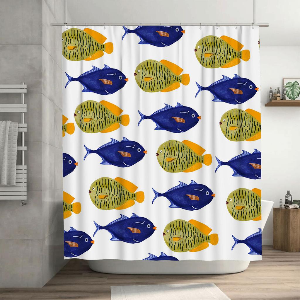 Vibrant Fish Print Shower Curtain Blue Green Yellow Design for Bathroom Decorations Size Customizable
